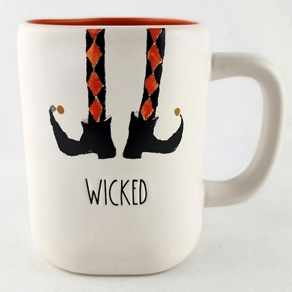 Rae Dunn White Mug Black Large Letters  WICKED Raised Orange Black Witchy Legs
